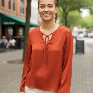 KASPER Women's Long Sleeve Tie-Neck Blouse Burnt Orange Small 4-8